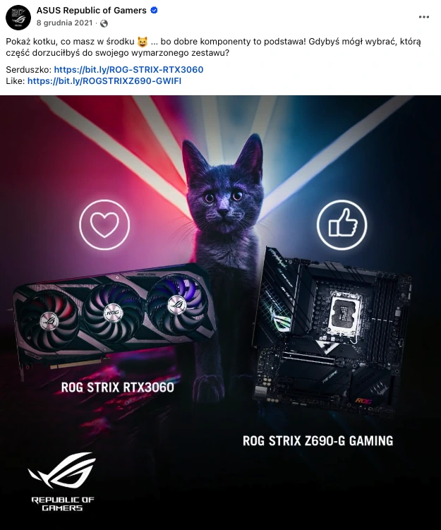 Post ASUS ROG z kotem i komponentami komputerowymi
